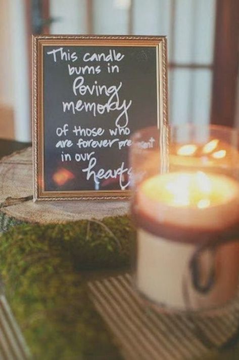 wedding ideas to celebrate those who have passed—a memorial sign that reads "this candle burns in loving memory of those who are forever present in our hearts" and a lit pilar candle in a glass holder Boda Mexicana, Wedding Wishes, Wedding Time, Here Comes The Bride, On Your Wedding Day, Wedding Bells, Country Wedding, Loved Ones, Marry Me