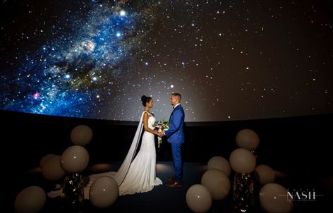 Great photograph of planetarium wedding Moon Wedding Theme, Planetarium Wedding, Starry Night Wedding Theme, Best Wedding Reception, Aurora Wedding, Small Wedding Party, Starry Night Wedding, Museum Of Science, Moon Wedding