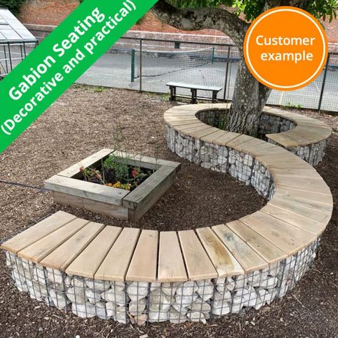 Gabion Wall Seating, Curved Gabion Wall, Gabion Seating, Gabion Walls, High Desert Landscaping, Ranch Ideas, Orchard Garden, Gabion Baskets, Garden Fences