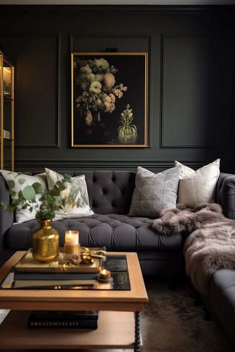 Cozy Lighting Ideas, Moody Living Room Ideas, Dark Moody Living Room, Dark Academia Living Room, Moody Interior Design, Dark Green Living Room, Moody Living Room, Cozy Lighting, Snug Room