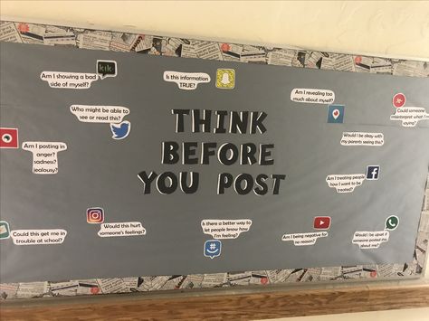 Funny Middle School Bulletin Boards, Social Media Bulletin Board, Fcs Classroom, School Counseling Bulletin Boards, Think Before You Post, Counseling Bulletin Boards, Middle School Bulletin Boards, School Social Media, Nurse Bulletin Board