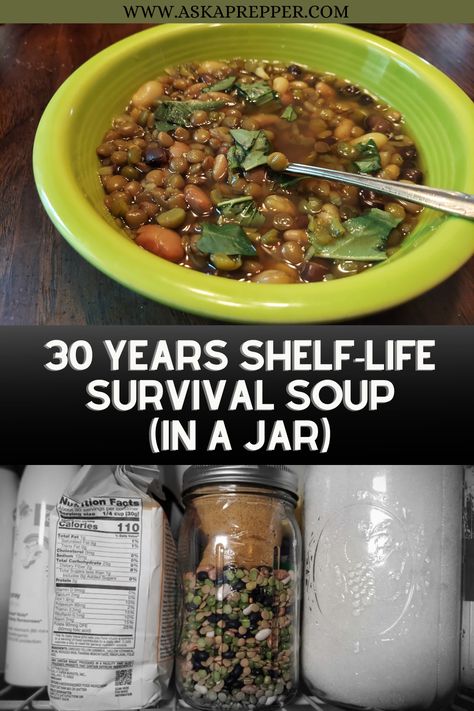 With a 30-year shelf-life, the Survival Soup should be in every prepper’s pantry. Store it in a mylar bag so you can maximize your storage space Survival Soup Recipe, Soup Starter In A Jar, Prepper Pantry Recipes, Prepped Pantry, Dry Soup Mix Recipes, Survival Meals, Dry Canning, Survival Recipes, Diy Food Storage