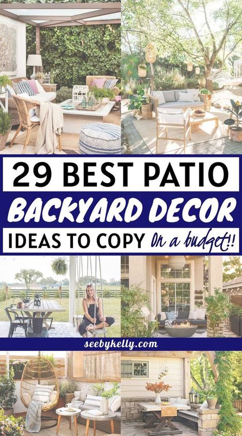 Patio décor can be a bit overwhelming. In this post you'll find 29 backyard patio decor ideas to elevate your outdoor space. Sharing ideas for: patio decor ideas, covered patio ideas, outdoor patio ideas, patio furniture ideas for small spaces, backyard patio designs, patio decorating ideas, Cheap backyard ideas, Small backyard ideas, how to arrange your patio space, DIY outdoor project ideas, and budget-friendly ways to make your patio look cozy and inviting! Outdoor Rooms On A Budget, Quick Patio Ideas Easy Diy, Outside Patio Decorating Ideas, Covered Back Patio Decorating Ideas, Deck Inspo Outdoor Spaces, Small Backyard Patio Designs Layout, Covered Deck Decorating, Patio Ideas On A Budget Backyard, Backyard Patio Ideas On A Budget