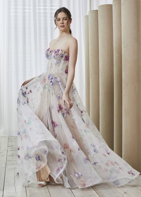 Hand Painted floral details give Willa a couture garden feel. Savin London Willa, Bright Floral Wedding Dress, Savin London Wedding Dress, Enchanted Dress Prom, Floral Wedding Dress Colored, Enchanted Dresses, Willa Dress, Hand Painted Wedding Dress, Planing Ideas