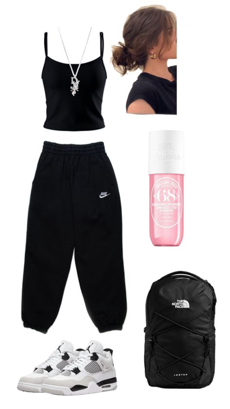 Tank top, nike sweatpants, jordan 4, Messy bun, Cheirosa perfume 68, Dior Necklace, Northface Backpack Nike Backpack Outfit, Outfit Ideas For School Sweatpants, Sweatpants Outfit School, Cute Sweatpants Outfit For School, Black Nike Sweatpants Outfits, Black Sweatpants Outfit For School, Outfits With Jordan 4s, Nike Sweatpants Outfit, Sweatpants Outfits For School