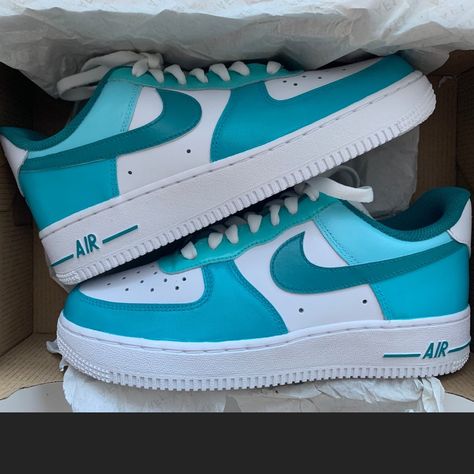 Nike Air Force 1 Custom Colors Including Blue, Teal, And Turquoise/Green Customized With The Finest Acrylic Leather Paint From Angelus Paint And Topped With Their Matte Finisher For Maximum Protection Message Me For Any Size!! I Have Any Size You May Need From Toddlers, Kids, Women’s, And Men’s!! Note: 3y And Under No Metal Piece On Laces Fully Authentic, Brand New In Box! Clean And Never Used:) These Also Come In Different Colors Of Your Liking So Send Me A Message For Your Own Personally Custo Baby Shark Air Force Ones, Teal Nike Shoes, Cyan Shoes, Nike Shoes Colorful, Nike Air Force White, Tiffany Blue Nike, Nike Air Force 1 Custom, Nike Fashion Shoes, Nike Shoes Air Force