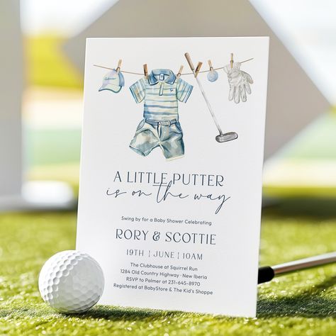 A Little Putter is on the way! This DIY, printable Golf Baby Shower Invitation Template is editable via Corjl.com. All wording/text, fonts styles, font colors, and background colors are fully editable and can be changed to fit your event needs! 𝑬𝒙𝒑𝒍𝒐𝒓𝒆 𝑴𝒂𝒕𝒄𝒉𝒊𝒏𝒈 𝑰𝒕𝒆𝒎𝒔 Find coordinating party essentials here: etsy.com/shop/MeadowPaperie?ref=seller-platform-mcnav&search_query=scottie 𝑻𝒓𝒚 𝑩𝒆𝒇𝒐𝒓𝒆 𝒀𝒐𝒖 𝑩𝒖𝒚 Not sure yet? Try the demo before you buy and see how easy it is to customize: corjl.com/d/34LDJ6 𝑻𝒆𝒎𝒑𝒍𝒂𝒕𝒆𝒔 𝑰𝒏𝒄𝒍𝒖𝒅𝒆𝒅 ・Invitation | 5x7 inches   ‧ Striped back side   ‧ Photo back side 𝑷𝒖𝒓𝒄𝒉𝒂𝒔𝒆 𝒂𝒏𝒅 𝑨𝒄𝒄𝒆𝒔𝒔 ・① Add your items to your cart and proceed to checkout. ・② Look out for an email from Corjl.com with your access link, or go Golf Themed Gender Reveal Party Ideas, Mens Baby Shower, Vintage Golf Baby Shower Ideas, Golf Themed Baby Shower Ideas, Golf Theme Gender Reveal Party, Baby Shower Golf Theme, Golf Baby Shower Ideas, Golf Themed Gender Reveal, Boy Baby Sprinkle