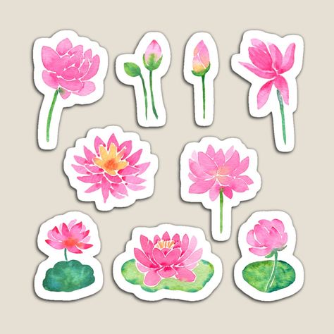 Watercolour Lotus Flower, Watercolor Flower Stickers, Lotus Clipart, Pink Flower Sticker Printable, Lotus Flower Sticker, Watercolor Lotus, Flower Magnets, Lotus Flowers, Sticker Pack