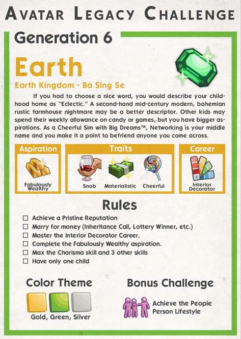 Avatar Legacy Challenge, Sims Avatar, Ts4 Challenges, Avatar Cycle, Avatar Challenge, Earth Queen, Sims Legacy Challenge, Marry For Money, Legacy Challenge