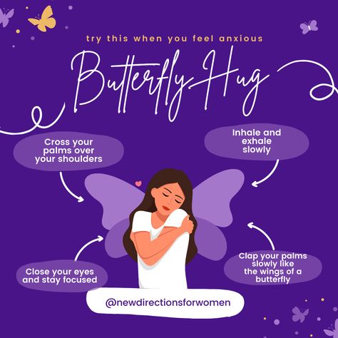 The Butterfly Hug is a immediate stress-reducing technique that you can use, anytime. It's a wonderful addition to your toolkit. Go ahead and try it out now! First, cross your palms over your shoulders. Inhale and exhale slowly. Close your eyes and stay focused. Clap your palms slowly, like the wings of a butterfly. Butterflies are a reminder that transformation is always possible. You got this! Butterfly Hug Illustration, Butterfly Hug, Self Hug, Counselling Tools, Hug Illustration, Affair Recovery, Bhavana Actress, Language Of Love, Cute Graphics