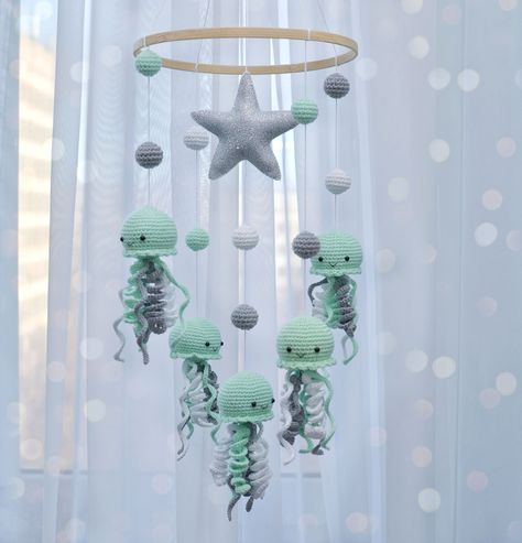 Jellyfish,marine mobile,ocean mobile,new baby gift,under the sea baby mobile,neutral baby mobile. Ocean Mobile, Crochet Sea Creatures, Crochet Baby Mobiles, Crochet Baby Costumes, Sea Nursery, Crochet Nursery, Crochet Mobile, Be Curious, Baby Room Inspiration