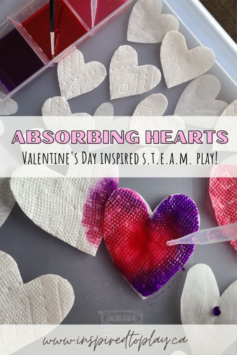 Montessori Valentines Crafts, February Classroom Themes, Valentine Process Art, Heart Day Activities For Kids, Valentine Experiments For Kids, Sensory Bin Valentines Day, Valentines Day Eyfs Activities, Valentines Day Experiments Kids, Valentines Activity For Preschool