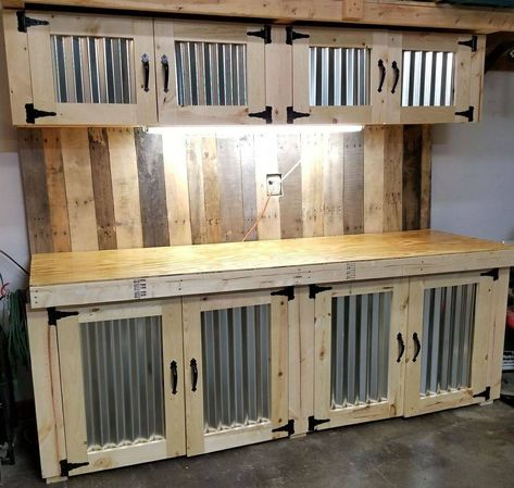 Cabinet Shop Organization Ideas, Man Cave Work Bench, Garage Restroom Ideas, Garage Work Bench With Doors, Basement Wood Shop, Garage Kitchen Ideas Man Cave, Garage Rustic Interior, Rustic Garage Storage, Rustic Workshop Ideas