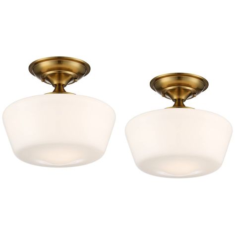 Brighten a kitchen space, hallway, or entry area in classic style with this set of schoolhouse style ceiling lights. From the Regency Hill brand, the design features a soft gold finish an the canopy and housing. The semi-flush ceiling lights have white opal glass shades in the classic schoolhouse style. Use anywhere you need a functional and stylish lighting accent. White Ceiling Lights, Lighting 2023, Space Hallway, Craftsman Interior Design, Hallway Ceiling Lights, Schoolhouse Style, Entry Area, Farmhouse Ceiling, Hallway Light Fixtures