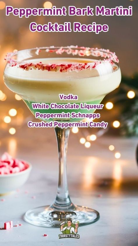 Peppermint Bark Martini Cocktail Recipe: Unwrap Holiday Cheer - Thirsty Tales Peppermint Bark Martini, Fun Christmas Cocktails, Holiday Martinis, Moonshine Recipe, Peppermint Martini, White Chocolate Liqueur, Mint Cocktails, Moonshine Recipes, Vodka Cocktails Recipes