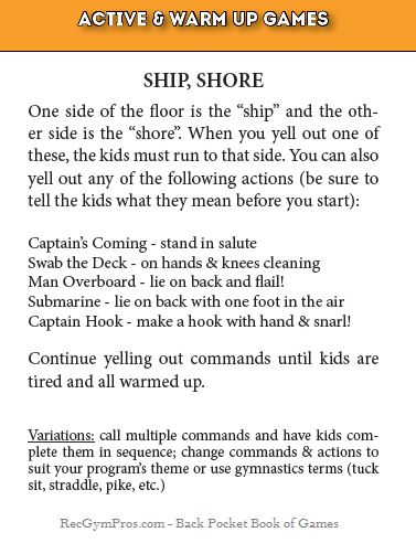 This is one of my go-to warm up games!  Easy to play and perfect for kids grades 1-4! Here is the Ship Shore game description from The Little Backpocket Book of Games. Kindergarten Recess Games, Pirate Gym Games, Warm Up Games For Kids Classroom, Warm Up Games For Kids, Gym Games For Elementary Kids, Outdoor Scavenger Hunt Ideas, Pirate Games For Kids, Warm Up For Kids, Indoor Recess Games