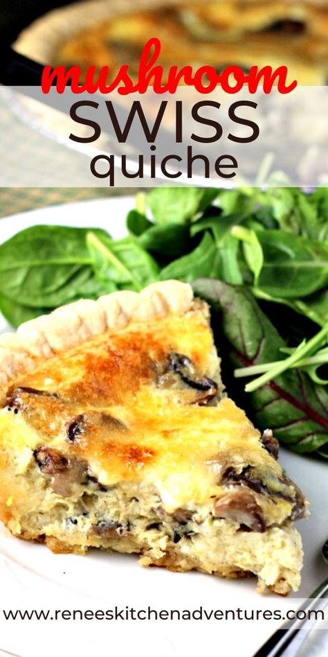 Mushroom Swiss Quiche by Renee's Kitchen Adventures is a quick and easy vegetarian quiche recipe perfect for breakfast, brunch, lunch and a light dinner. So delicious you won't even remember you skipped the meat! #RKArecipes #mushroomquiche #quicherecipes Mushroom Swiss Quiche, Mushroom Eggs, Swiss Cheese Quiche, Swiss Quiche, Vegetarian Quiche Recipes, Vegetarian Quiche, Mushroom Quiche, Skip Breakfast, Yummy Veggies