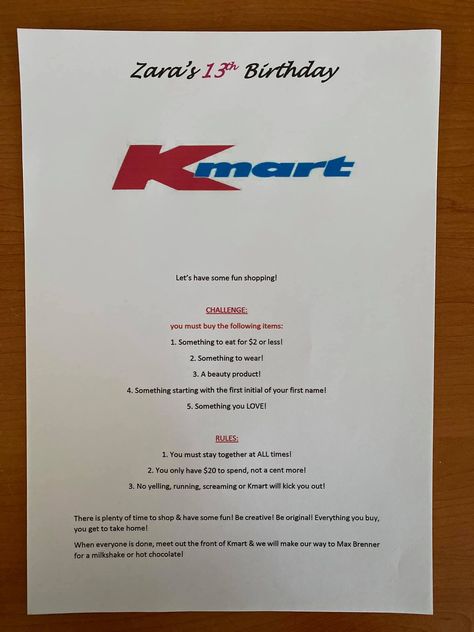 Mum creates viral Kmart Australia Challenge and adult shoppers are obsessed with it | 7NEWS.com.au Kmart Party Challenge, Mall Challenge Ideas, Kmart Birthday Scavenger Hunt, Kmart Birthday Party Challenge, Kmart Birthday Party Ideas, Kmart Challenge Party, Kmart Challenge, Birthday Challenge Ideas, Kmart Party