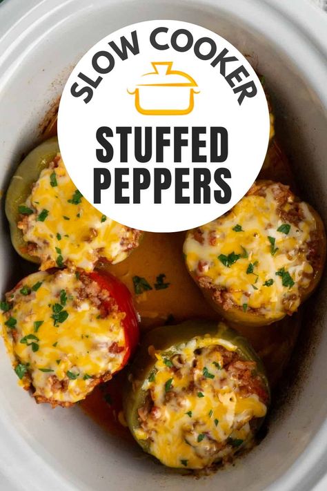 Discover the best way to make dinner with this Slow Cooker Stuffed Peppers recipe! With vibrant bell peppers, savory ground beef, and a cheesy twist, this crock pot dinner is easy to make, packed with flavor, and perfect for a busy weeknight! Recipe With Bell Peppers, Crock Pot Stuffed Peppers, Comfort Pasta Dishes, Lasagna Stuffed Peppers, Crockpot Stuffed Peppers, Slow Cooker Stuffed Peppers, Stuffed Peppers Recipe, Slow Cooker Lasagna, Delicious Slow Cooker Recipes