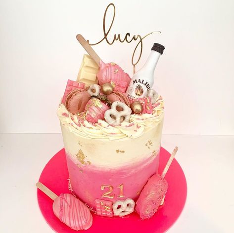 Cake With Cakesicles On Top, Malibu Cake Ideas, 21st Birthday Cake With Strawberries, Malibu Birthday Cake, Malibu Cake, Cakesicles Chocolate, Pink And White Birthday Cake, Alcohol Cakes, Pink And White Birthday