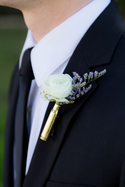 Bullet Casing Boutonniere, Bullet Boutonniere, Purple Calla Lilies Wedding, Boutineer Wedding, Boutonniere Ideas, Ranunculus Wedding, Burnt Orange Weddings, Button Holes Wedding, Rustic Modern Wedding