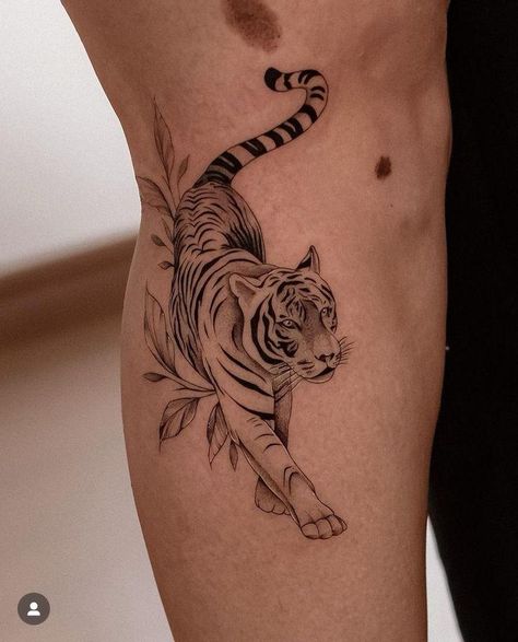 Tradition Tiger Tattoo, Tiger Side Profile Tattoo, Upper Arm Animal Tattoo, Women’s Tiger Tattoo, Tiger With Leaves Tattoo, Large Tiger Tattoo, Feminine Animal Tattoos, Womens Tiger Tattoo, Tiger Thigh Tattoo For Women