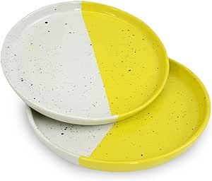 Amazon.com: roro Handmade Ceramic Appetizer Plates Set of 2-7 inch Speckled White & Lemon Yellow Plates- Ideal for Tapas, Sushi, Citrus Desserts - Lead-Free, Cadmium-Free - Microwave & Dishwasher Safe : Home & Kitchen Speckled Plates, Colorful Dishware, Yellow Restaurant, Citrus Desserts, Appetizer Plates Set, Yellow Plates, Bistro Style, Fish Plate, Yellow Kitchen