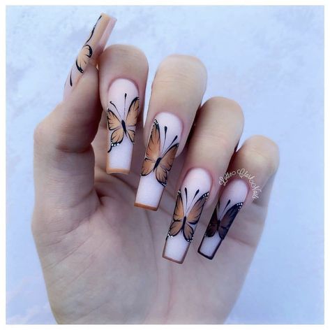 Brown Butterfly Nails, Nails With Butterflies, Ballerina Nails Shape, Nails Butterfly, Brown Acrylic Nails, Brown Butterfly, Butterfly Nails, Grunge Nails, Acrylic Nails Coffin Pink