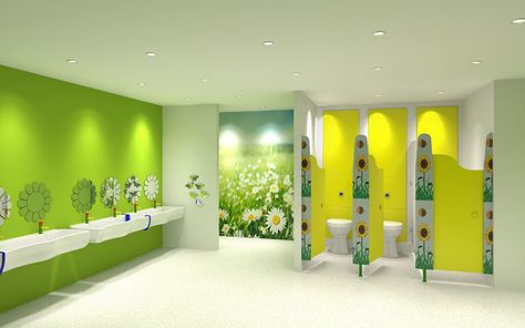 Nursery toilet cubicle designed for children with exclusive door patterns (Happy Everything) by Cubicle Centre | Pinterest | Cubicles, Nurseries and Doors Daycare Bathroom, Daycare Rooms, Cubicle Design, Toilet Cubicle, Kindergarten Interior, Preschool Designs, Nursing Room, Kids Toilet, Daycare Design