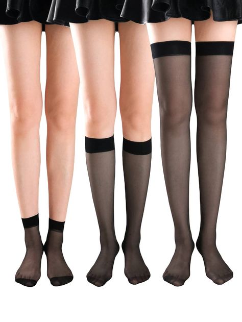 PRICES MAY VARY. 88% Nylon, 12% Spandex Imported Pull On closure Machine Wash Fabric: Breathable, soft, comfortable and skin friendly Design: 3 pairs, sheer mesh socks, over the calf socks, solid color Gift: Excellent gift for your friend, lover, sisters, families, friends to show your care and love Occasion: Suitable for daily life, hanging out, casual wear, easy to wear with boots and shoes Size: please refer to the size chart as below(not amazon size) Size Chart(In inches):    One Size: Lengt Sheer Socks Outfit, Knee High Stockings, Nylon Socks, Mesh Socks, Over The Calf Socks, Nylon Leggings, Sheer Socks, Sock Outfits, Colored Tights