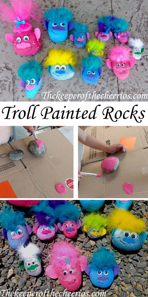 TROLL PAINTED ROCKS, trolls movie, trolls movie kids craft, trolls kids craft Crayon Projects, Trolls Birthday Party, Trolls Movie, Painted Rocks Craft, Crafty Kids, Camping Crafts, Reggio Emilia, Childrens Crafts, Rock Crafts