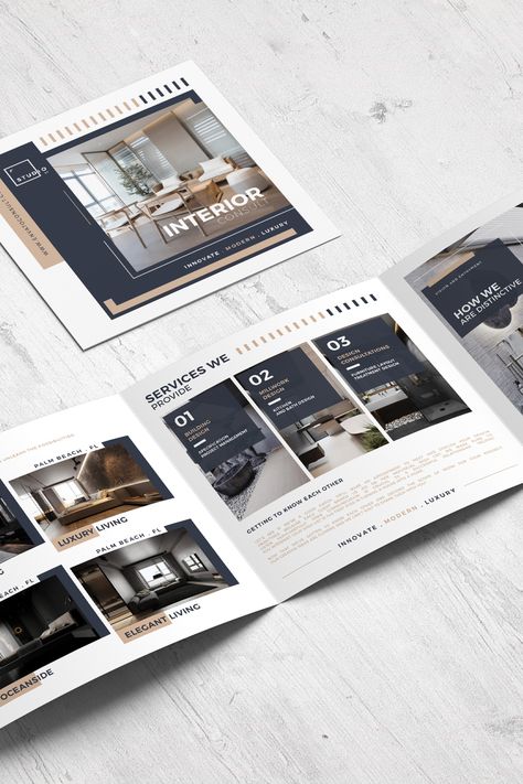 Sales Brochure Design Inspiration, Home Brochure Design, Interior Designer Brochure, Interior Catalog Design Layout, Interior Design Leaflet, Square Brochure Design Layout, Interior Design Booklet, Interior Design Magazine Layout Ideas, Product Brochure Design Inspiration