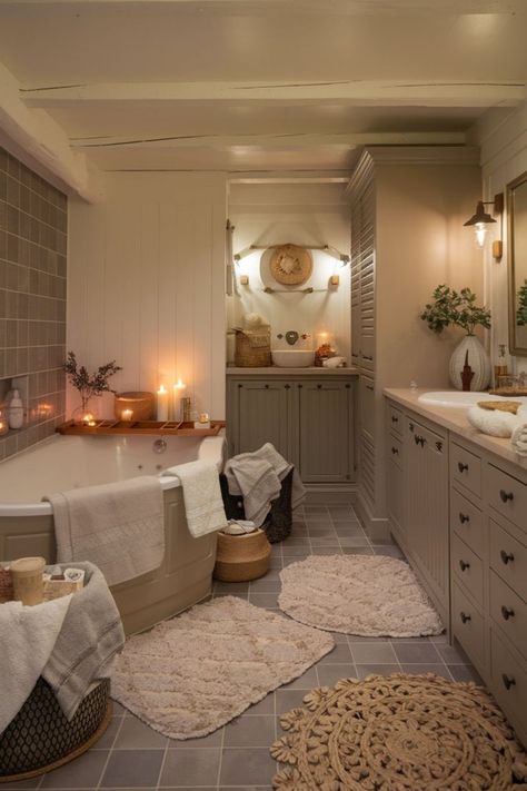 Rustic farmhouse-inspired bathroom featuring warm wood tones, cozy textiles, and candles. Cozy Home Aesthetic Bathroom, Cozy Home Bathroom, Cute Cozy Bathroom, Cozy House Bathroom, Cozy Bathroom Aesthetic, Cozy Bathroom Design, Comfy Bathroom, Dublin Apartment, Inviting Bathroom