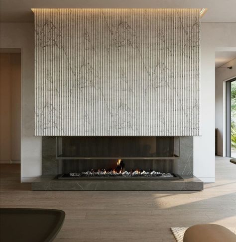 Fireplace Cladding, Feature Wall Cladding, Sofa Area, Contemporary Fireplace Designs, Fireplace Feature Wall, Panoramic Windows, Family Communication, Linear Fireplace, Concrete Fireplace