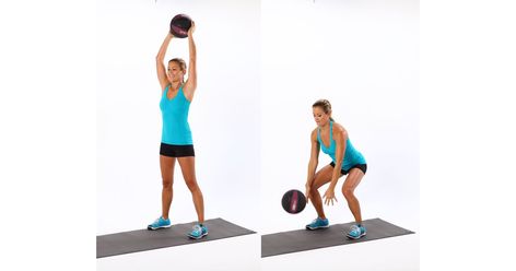 Stand with your feet shoulder width apart, with a 10-pound medicine ball on the floor in front of you. Squat down and pick up the medicine ball, keeping your Standing Core Exercises, Slam Ball, Medicine Ball Workout, Standing Ab Exercises, Standing Abs, Swimming Tips, Best Abs, Popsugar Fitness, Medicine Ball