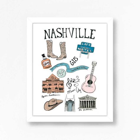 Cowboy Guitar, Room Wall Decor Painting, Nashville Poster, Nashville Map, 30 Day Art Challenge, Nashville Art, Wall Decor Painting, Wreath Illustration, Coral Decor