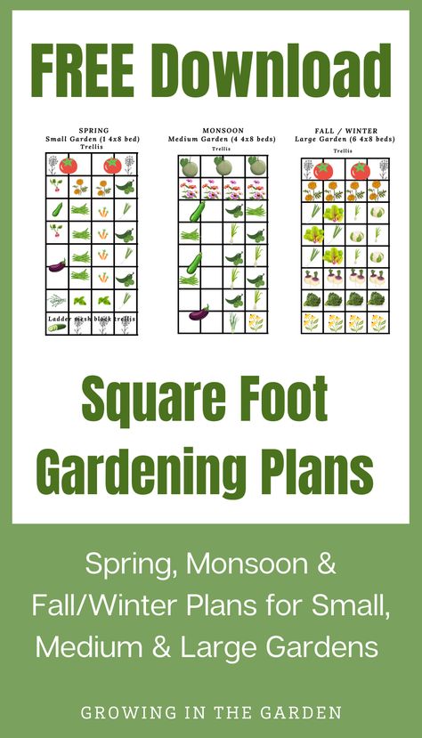 Take the work out of planning your garden each season. Enjoy this free download of square foot gardening plans for Spring, Monsoon & Fall/Winter for small, medium & large gardens. Designed by Angela Judd of Growing In The Garden. Square Ft Gardening Layout, 4x8 Raised Bed Garden Layout, 4x8 Garden Bed Plan, Sq Ft Gardening Layout, Vegtable Garden Layout, Raised Bed Vegetable Garden Layout, Fall Winter Garden, Square Foot Gardening Plans, Onion Garden