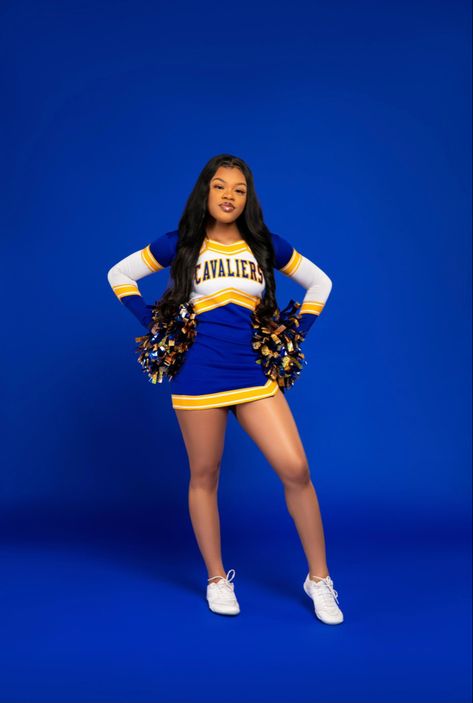 #blackgirlmagic #blackgirl #black #cheerleader  #cheer #aesthetic  #photography #photoshoot #photoshootideas #blue #gold #yellow  #pompom #studio #studiophotographytips #blackgirlsrock #blackcheer Cheerleader Photo Shoot, Cheer Poses Individual Photo Ideas Black, Media Day Cheer Poses, Cheer Graduation Pictures, Cute Cheerleader Outfits, Cheer Media Day Poses, Basketball Cheer Pictures, Cheer Photoshoot Poses, Cheer Media Day