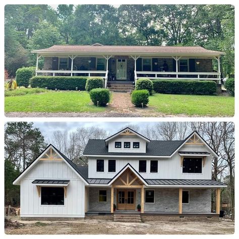 Ranch Home Before And After, Addition To Back Of Ranch House, Adding A Second Story To A House, Adding Second Story To Ranch, Home Additions Back Of House, Turkey Pen, Bungalow Addition, Rambler Remodel, House Facelift