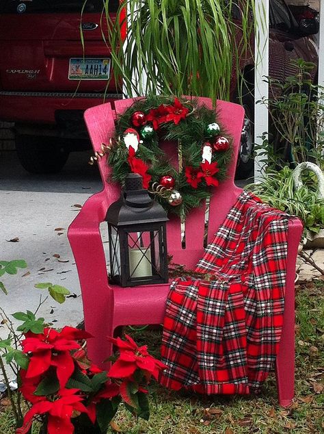 q i have a red adirondack chair outside i d like to use for christmas any suggestions, painted furniture Pallets Diy Projects, Red Adirondack Chairs, Adirondack Chairs Porch, Dark Green Trim, Cottage Chairs, Christmas Chair, Christmas Church, Christmas Window Decorations, Christmas Front Porch