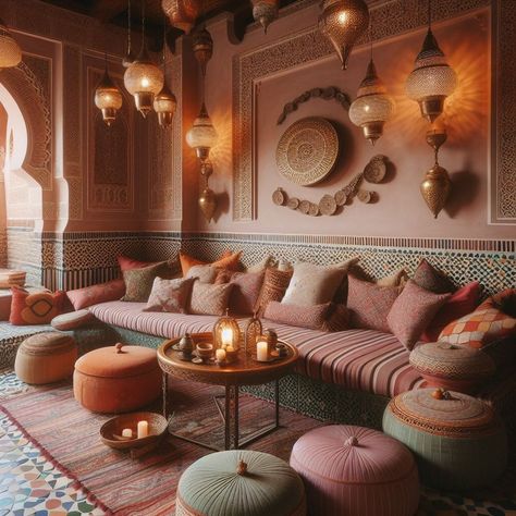 15 Exotic Moroccan Interior Design Ideas for Inspired Living — Lord Decor Moroccan Meditation Room, Arabic Seating Living Rooms, Moroccan Coffee Shop, Food Ideas List, Marrakech Interior Design, Super Bowl Food Crockpot, Modern Moroccan Interior Design, Marocco Interior, Bowl Food Ideas