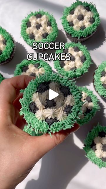 Alex LaRosa on Instagram: "Soccer Cupcakes ⚽️  ✨use tip 32 filled with black to add one center plate dollop & 5 around it  ✨use tip 32 filled with white to add white circles all around the black  ✨use grass tip 233 to create grass around the soccer ball  Supplies @nycake Piping tips @wiltoncakes l Colors @colour.mill  .  . . . . . #alexlarosabakery #soccercupcakes #soccerballcupcakes #colourmillmade #sportscupcakes #olympiccupcakes" Soccer Ball Cupcakes, Soccer Birthday Party Ideas For Boys, Soccer Cupcake Ideas, Soccer Desserts, Soccer Party Food, Soccer Treats, Soccer Cupcakes, Soccer Goalie, Buttercream Cupcakes