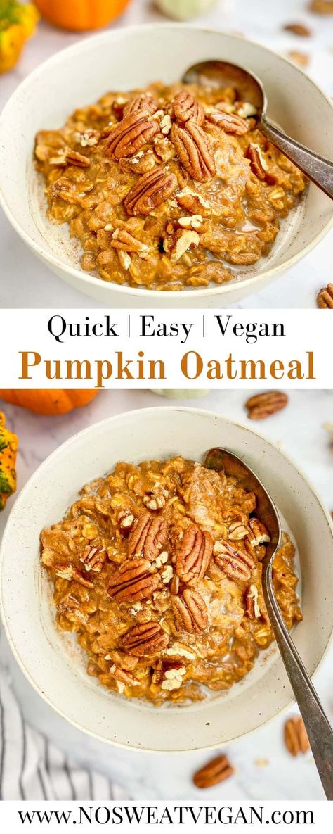 Vegan Pumpkin Oatmeal is a super quick and delicious vegan breakfast that's full of pumpkin spice flavor and perfect for getting you into the fall spirit! This cozy and filling dish takes less than 10 minutes. Plus, it's a great way to use up extra canned pumpkin! Vegan Pumpkin Oatmeal, Easy Pumpkin Oatmeal, Healthy Fall Breakfast, Pumpkin Pie Oatmeal, Healthy Breakfast Snacks, Pumpkin Breakfast, Vegan Pumpkin Spice, Vegan Granola, Vegan Pumpkin Recipes