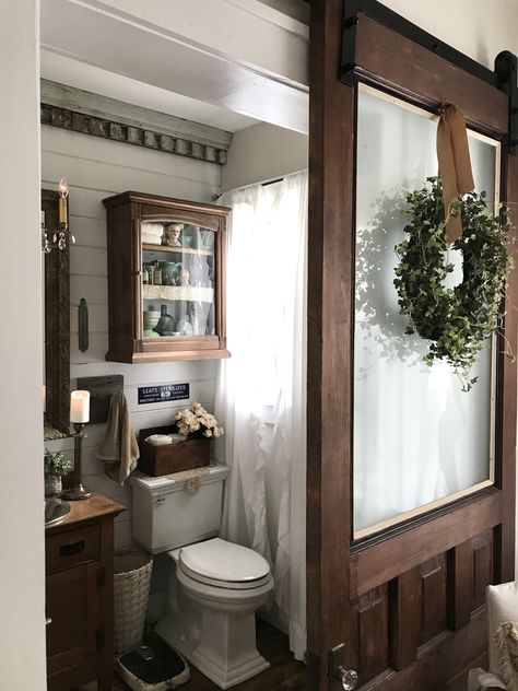 Half Bathroom Reveal - Deb and Danelle Vintage Farmhouse Bathroom, Vintage Farmhouse Bedroom, Beautiful Bathroom Vanity, Upper Kitchen Cabinets, Vintage Farmhouse Style, New Toilet, Old Cabinets, Vintage Farmhouse Decor, Vintage Farmhouse Kitchen