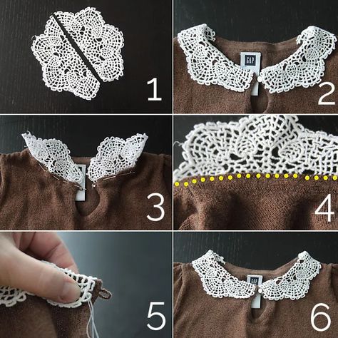 easy sewing tutorial for adding a cute doily collar to a girls sweater or shirt Gamle T Shirts, Collar Tutorial, Doily Crafts, Vintage Doily, Sewing Shirts, Sew Ins, Diy Vetement, Trendy Sewing, Crochet Collar