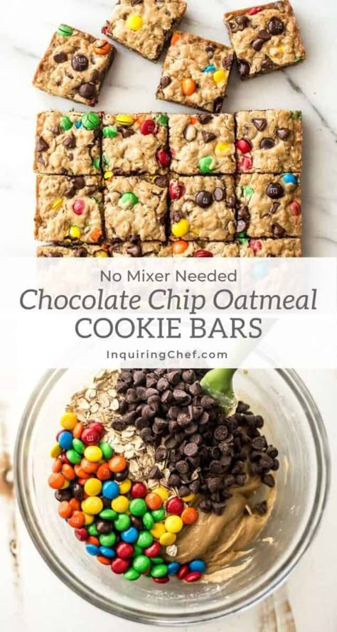 Oatmeal Chocolate Chip Cookie Bars, One Bowl Chocolate Cake, Soft Oatmeal Cookies, Easy Apple Crumble, Oatmeal Chocolate Chip Bars, Oatmeal Cookie Bars, 8x8 Pan, Chocolate Chip Bars, Easy Dessert Recipe