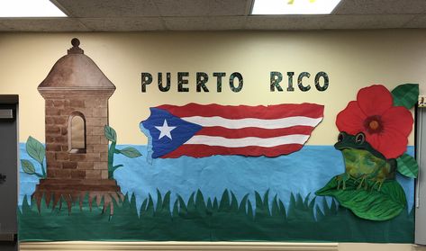 Puerto Rico Theme Classroom Wall Puerto Rican Bulletin Boards, Puerto Rico Mural, Puerto Rico Door Decoration, Puerto Rico Bulletin Board Ideas, Puerto Rico Classroom Door Decoration, Puerto Rico Decorations Ideas, Puertorriqueñidad Ideas, Spanish Heritage Month, Puerto Rican Day Parade