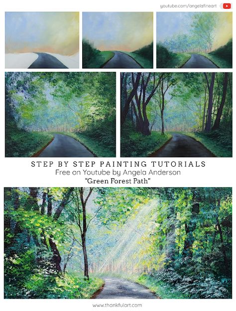 Learn To Paint Landscapes, Landscape Step By Step Painting, Landscapes To Paint Acrylics, Forest Painting Step By Step, Acrylic Painting Ideas Landscape Forests, Acrylic Painting Forest Tutorial, Acrylic Tree Painting Tutorials, Painting How To Step By Step, How To Paint A Forest Step By Step