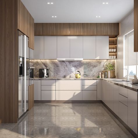 Closed Kitchen Design, Kitchen Unit Designs, Latest Kitchen Designs, Interior Dapur, Kitchen Modular, White Counters, Gray Walls, Modern Kitchen Cabinet Design, Modern Kitchen Interiors