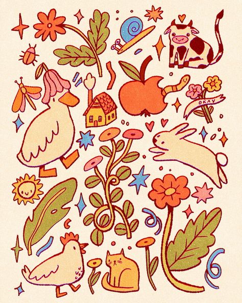 This might be my new favourite colour palette!! I'm obsessed! Love how this drawing turned out in general aaaaaaaaaah!! hehe!! I've been experimenting with blues so much lately and I feel like it finally clicked. HYPE!! #digitaldrawing #procreate #doodle Vintage Cute Drawing, Cute Colourful Doodles, Cute Doodle Illustration, Four Colour Palette, Doodle Art Procreate, Animals With Flowers Drawing, Illustration Stickers Graphics, Fun Doodle Ideas, I’m Out